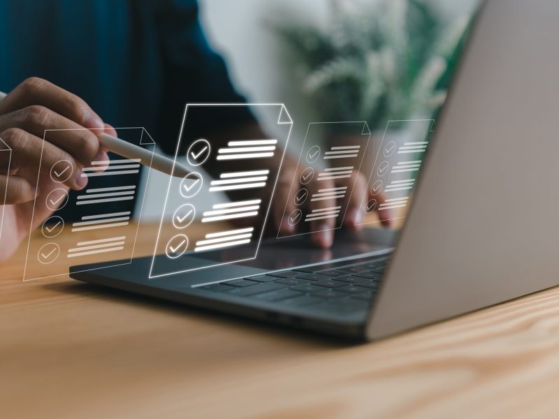 Checklist and clipboard task management, online survey form completion Corporate business technology includes a document management system (DMS) and process automation to efficiently manage files.